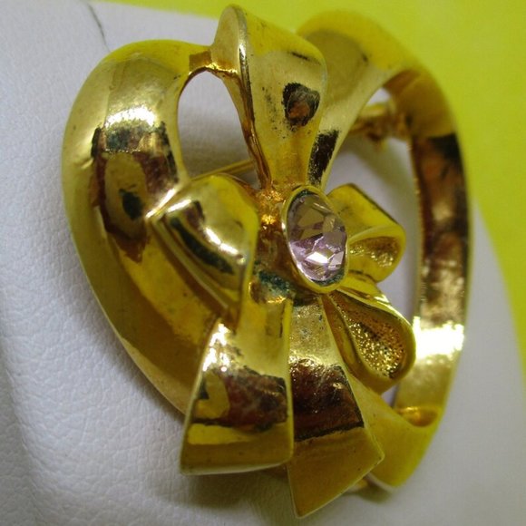Avon Pink Rhinestone Heart Bow Brooch - Picture 3 of 5